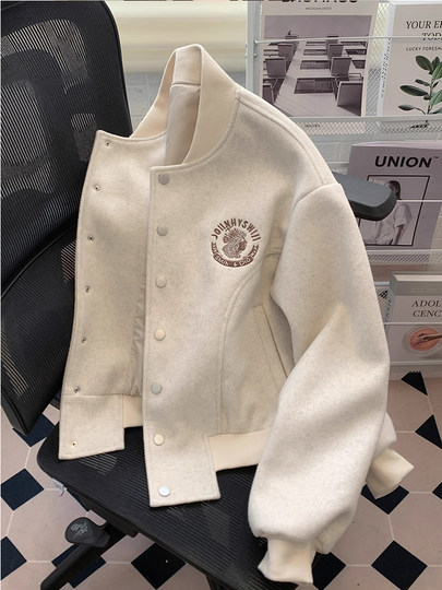 Small scented baseball uniform woolen jacket for women in autumn and winter high-end small loose bomber jacket cardigan