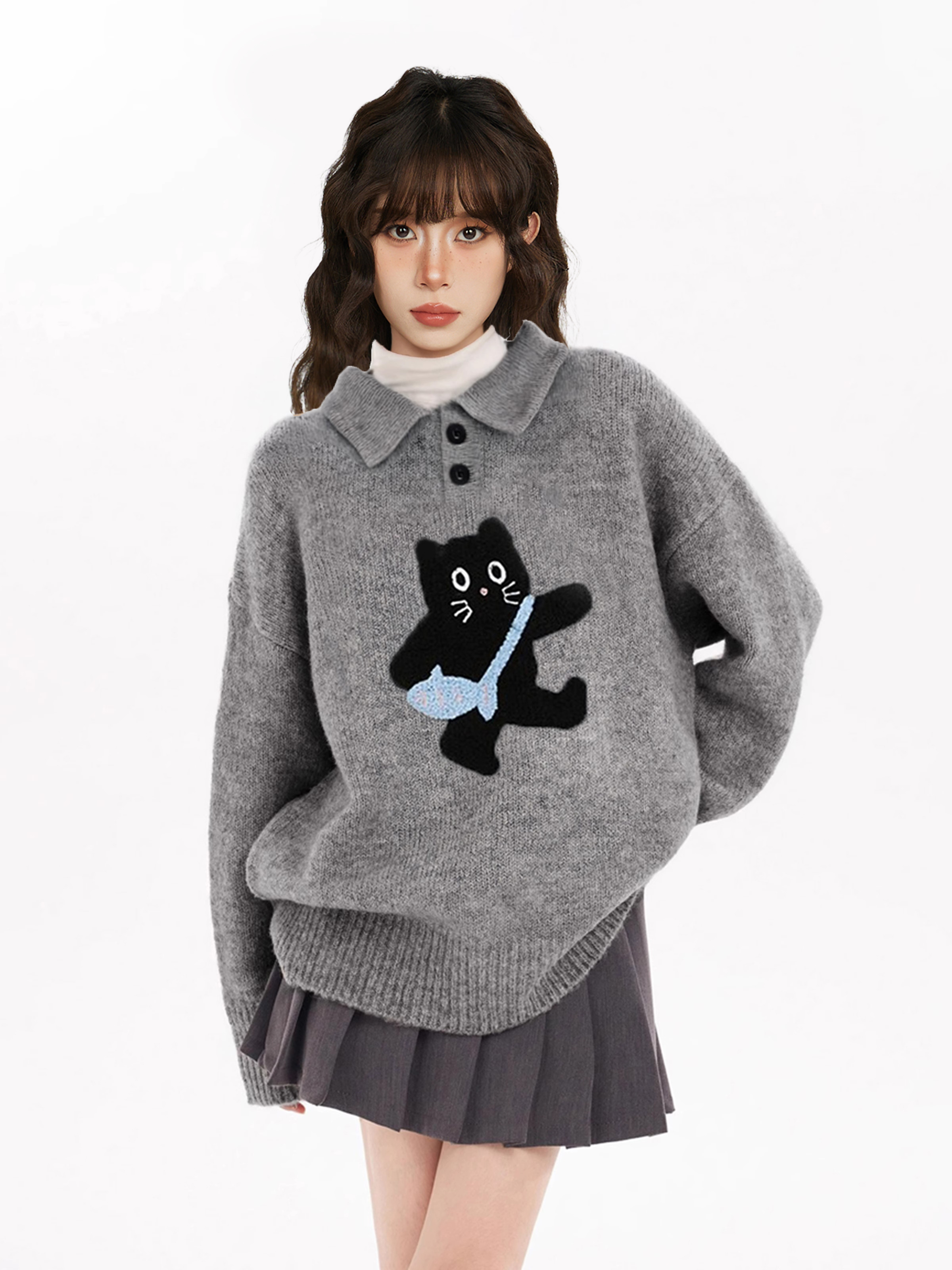 Grauer Polokragen-Katzenpullover für Damen, dicker, lockerer Wollstrick für den Winter, geeignet für Frühling und Herbst_voghion.com
