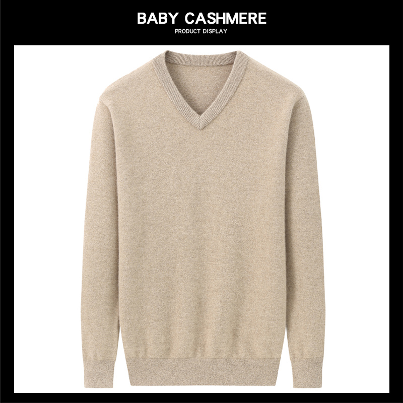 100 pure cashmere sweatshirt male v collar thickened winter upscale business men's clothing Old age dads in pure color slapped bottom sweater-Taobao