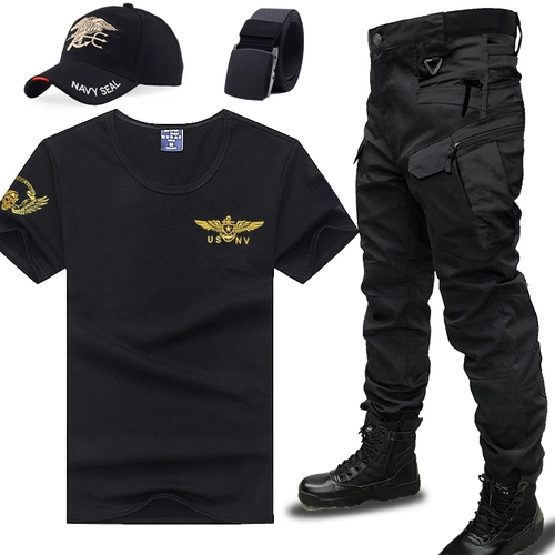 Летняя тактическая футболка с коротким рукавом, тонкий дорожный черный комплект подходит для мужчин и женщин