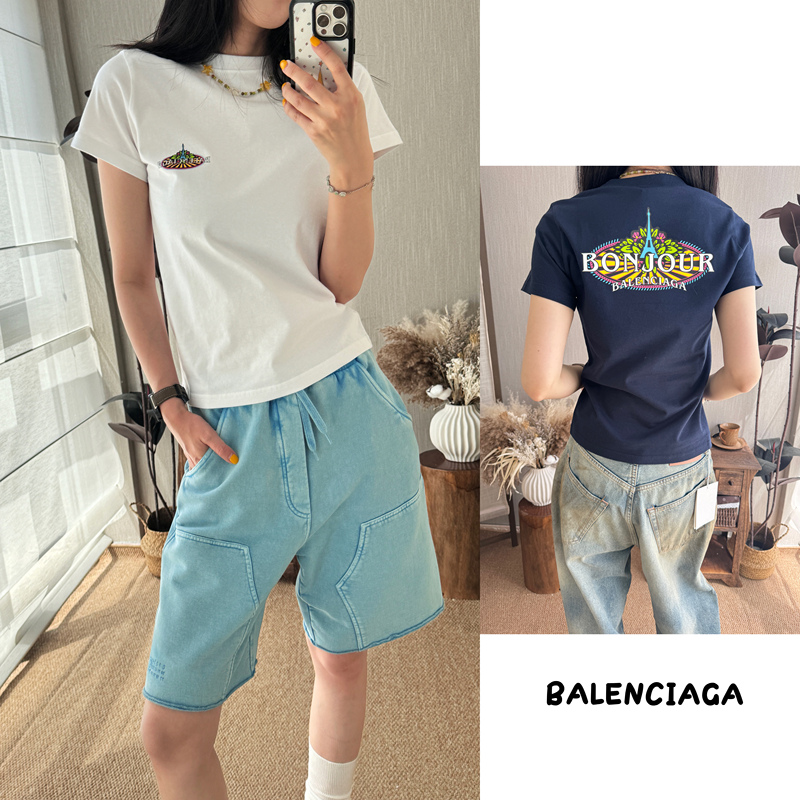 Great Discount! Balenciaga Short-Sleeved T-Shirt with Logo Print on Front and Back, 2 Colors