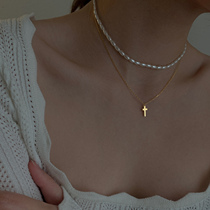 s925 sterling silver double-layer cross pearl necklace small grain 2022 new female fairy clavicle chain light luxury niche