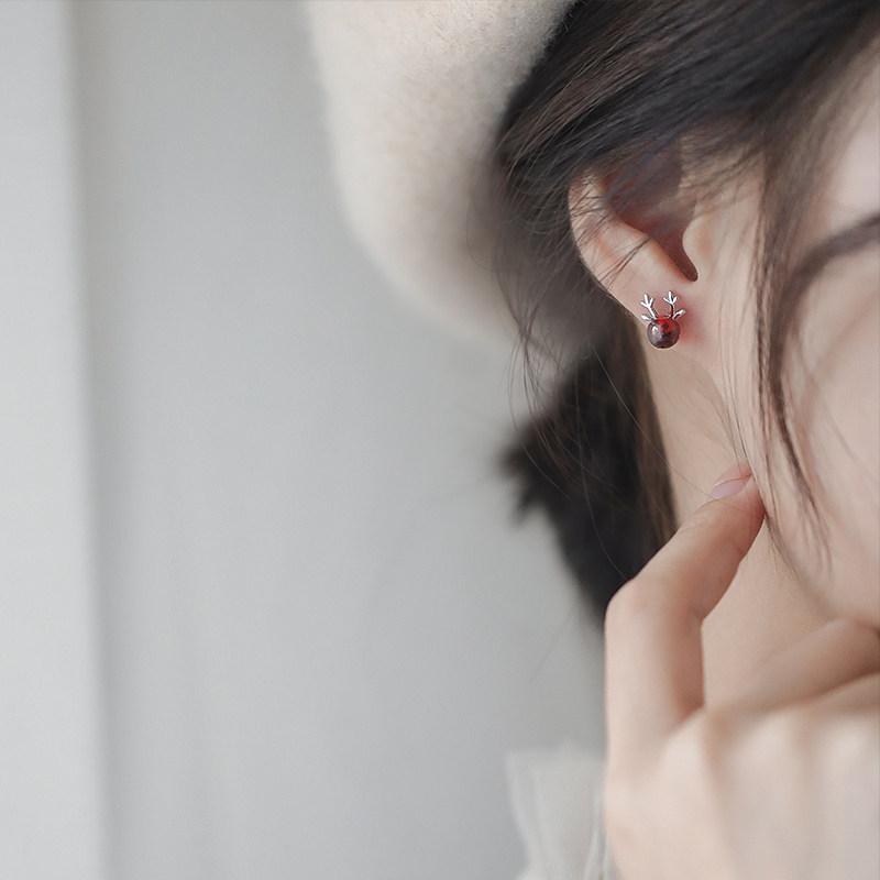 s925 sterling silver red garnet antler ear acupuncture 2022 new female earrings simple student small design sense