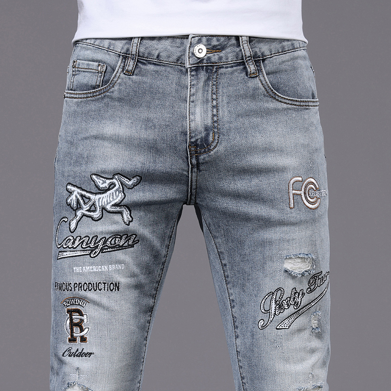European Style Men's High-End Printed Embroidered Stretch Slim-Fit Skinny Jeans, New Foreign Trade Casual Trendy Brand
