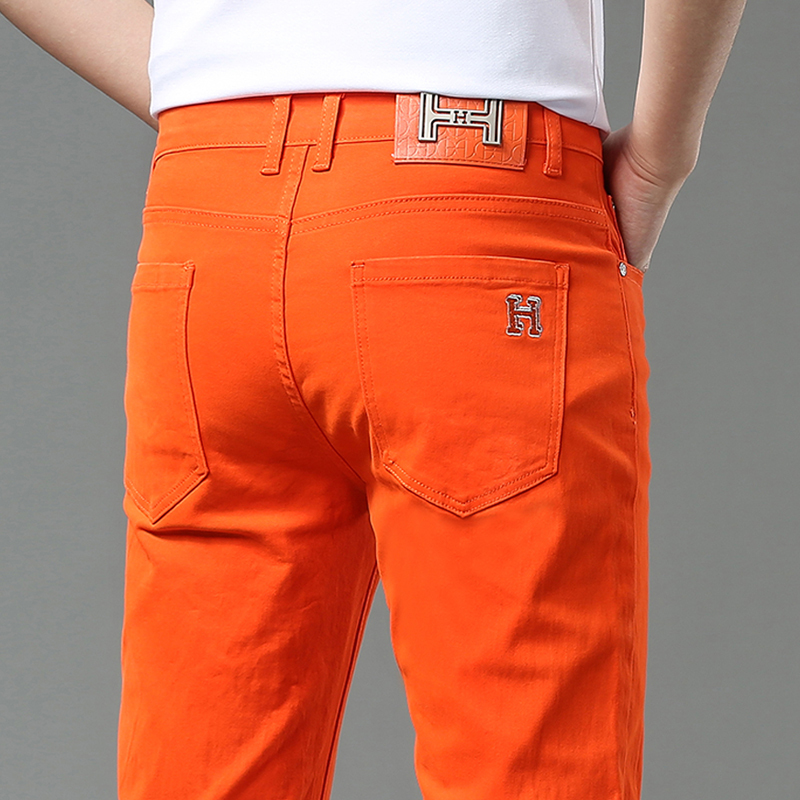 European Style Light Luxury Trendy Men's Fashion Color Slim-Fit Skinny Jeans in Orange Casual Stretch Slim-Fit Pants