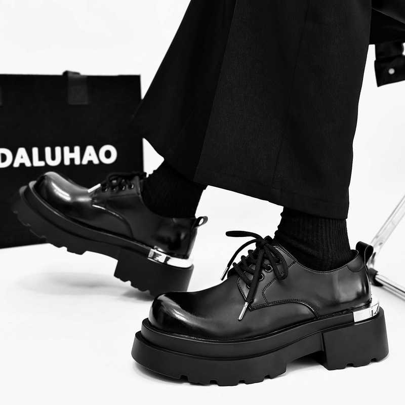 High-End Punk Thick-Soled Derby Shoes, Genuine Leather Round-Toe Commuter Black British Style Height-Increasing Large-Toe Motorcycle Leather Shoes for Men
