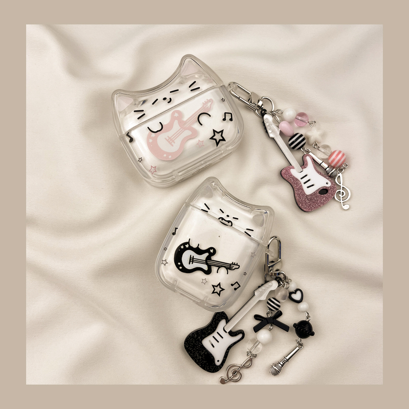 ins Cute Line Art Guitar Cat AirPods 4 Case AirPods 3 Compatible Apple Pro Earphone Case Second Generation Wireless Bluetooth Third Generation AirPods 2Nd Generation AirPods Pro 4Th Generation 5Th Generation Case