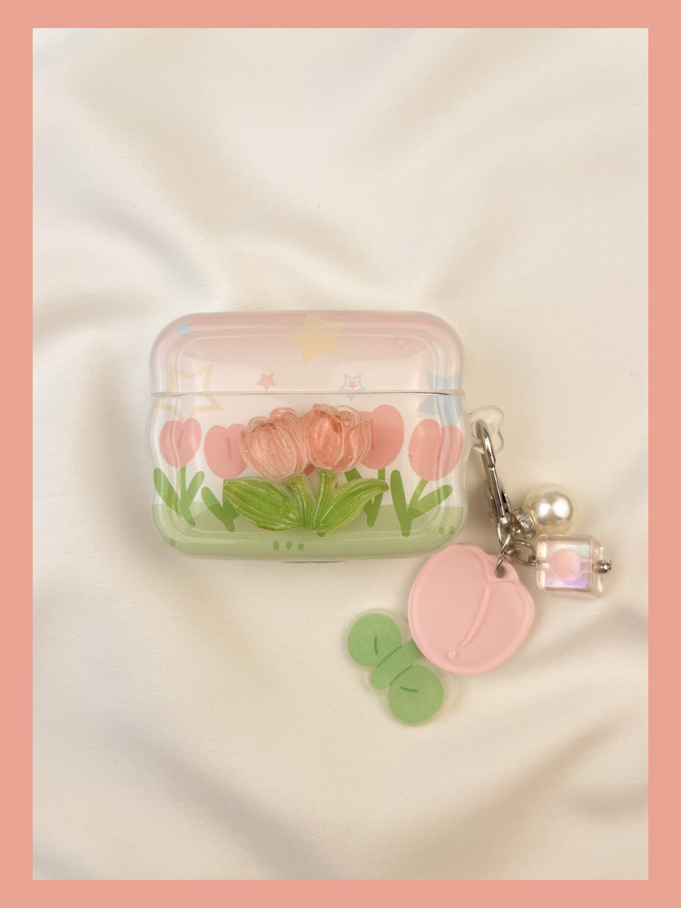 Ins Spring Pink Tulip Flower Protective Cover 3 Lämplig för airpods Hörlursfodral Second Wireless Bluetooth 1 Third S2_voghion.com