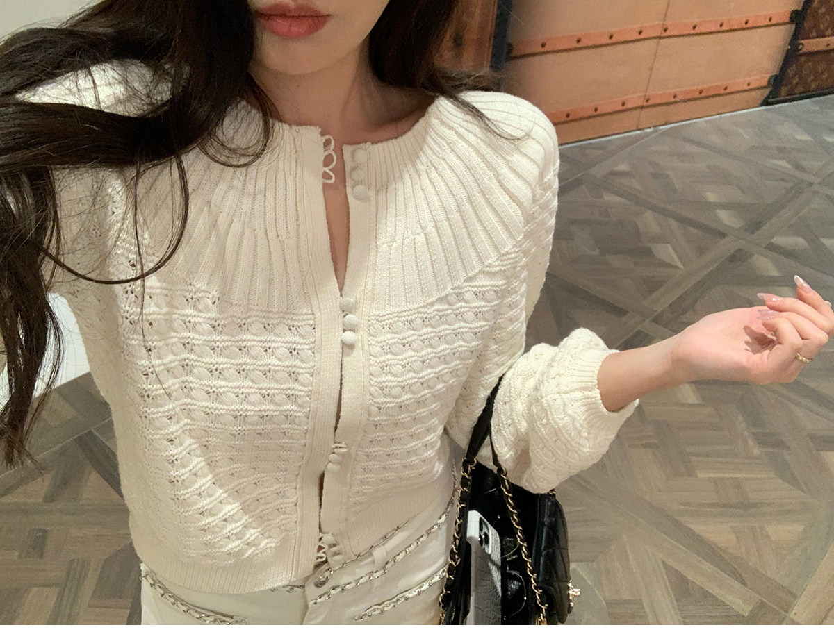 시 웨이 리앙 봄날 전복 프랑스식 낭만주의 루즈핏 느긋한 라운드 넥 벌룬 소매 홀로우 아웃 오픈 가디건 상세 이미지 66