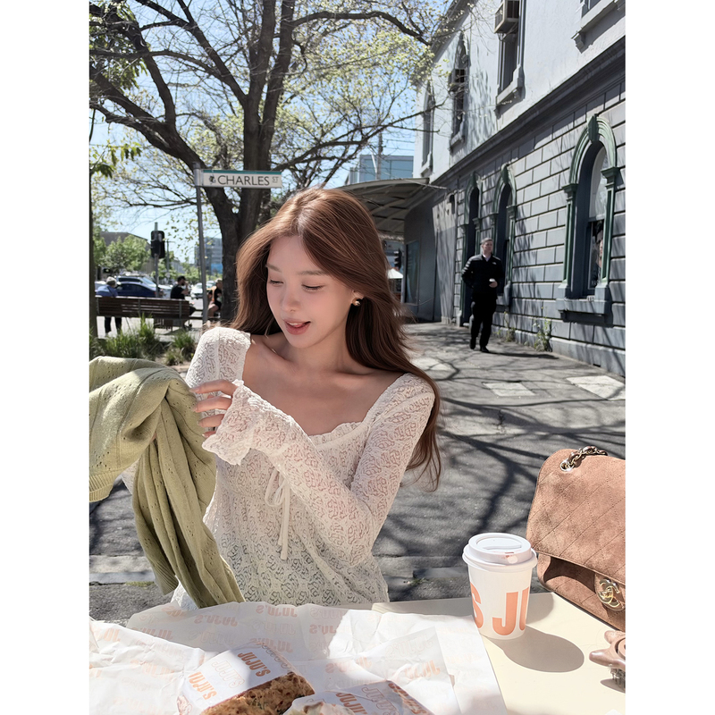 Shi Wei Liang Atmosphere Lace 26 New Style Three-Dimensional Lace Lace-Up Slim Fit Irregular Cut Long Sleeve Top