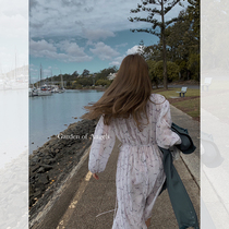 Shi Weiliang a touch of fairy fog French abstract print niche lace-up long sleeve dress chiffon bubble sleeve long skirt