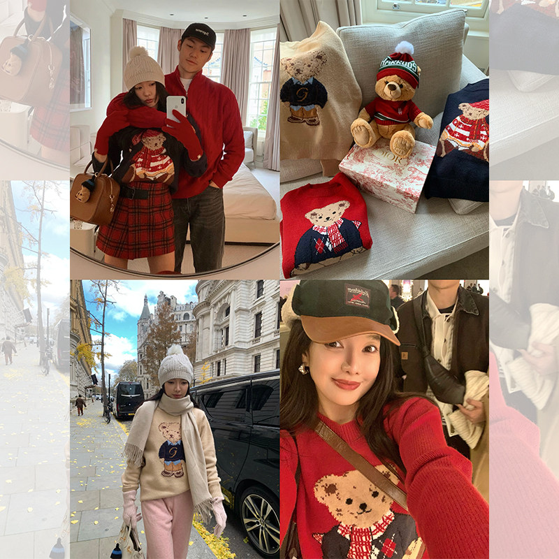 Shiwei Lazy Little Bear New Year Red Sweater Women's Autumn Winter Temperament Reduction Round Collar Loose Knit Short blouses-Taobao