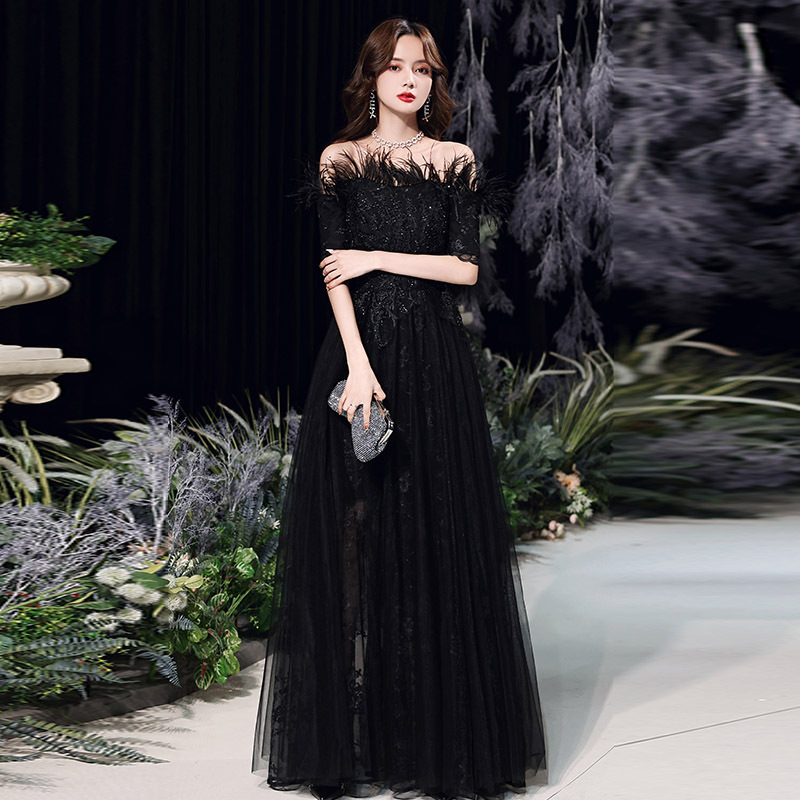 Black Evening Dress, New Model for Annual Party, High-End Elegant Banquet Off-Shoulder Feather Dress, Plus Size, Slimming Effect