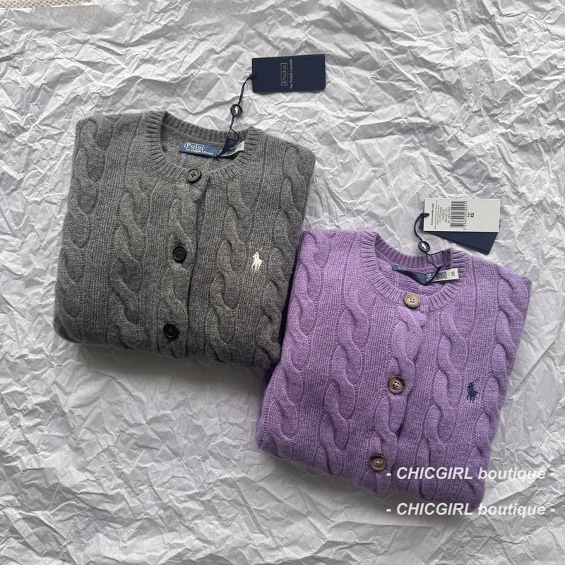 In Stock 2026 Fall/Winter Polo Ralph Lauren Embroidered Logo Cable Knit Wool Cashmere Cardigan