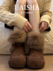 4cm Internal Height-Increasing Thick-Soled Snow Boots for Women, New Winter Style, Fleece-Lined, Warm, Fur Cotton Shoes, Leather and Fur Integrated Birkenstock-Style Short Boots