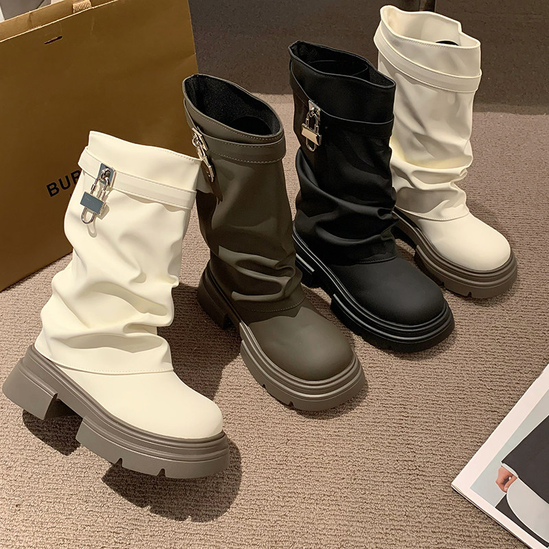 Trendy Thick-Soled Height-Increasing Short Boots for Women, 2025 Summer Retro Versatile Stacked Trouser-Leg Boots, White Mid-Calf Boots