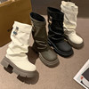 Trendy Thick-Soled Height-Increasing Short Boots for Women, 2025 Summer Retro Versatile Stacked Trouser-Leg Boots, White Mid-Calf Boots