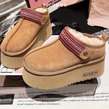 Genuine Leather Ethnic Style Fur-Integrated Thick-Soled Snow Boots for Women, Pure Wool, Dual-Wear, 6cm Thick-Soled Genuine Leather Fur Slippers