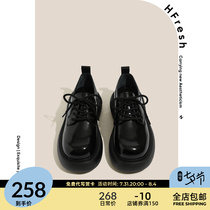 HFresh Inglén Wind Black Bright Face Small Leather Shoes Women Shoes New 202100 Hitch Bottom Pine Pastry Bottom Round Single Shoes