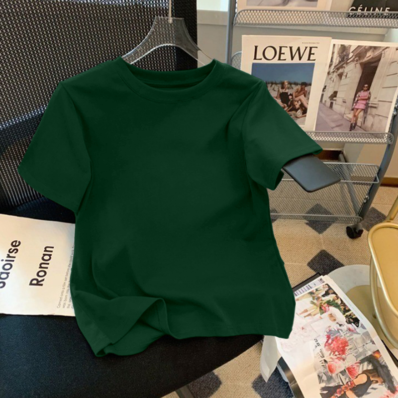 Short Top for Petite Women, Waist-Cinching, Solid Color, 2025 New Style, Slightly Chubby, Regular Shoulder, Elegant, Slim-Fit, Pure Cotton Short-Sleeve T-Shirt for Women