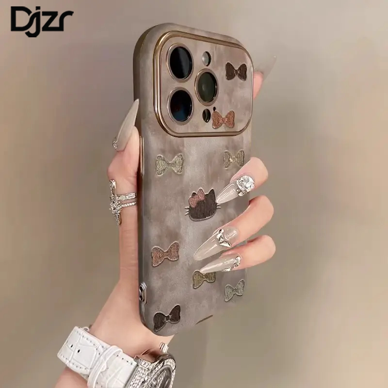 Suitable for Iphone18Promax Mobile Phone Case, New High-End Silver-Gray Lambskin Bow-Knot Cat Design, Apple 17Pro Silicone Case with Lanyard, 16 Full-Cover Large Window Anti-Fall Protective Case