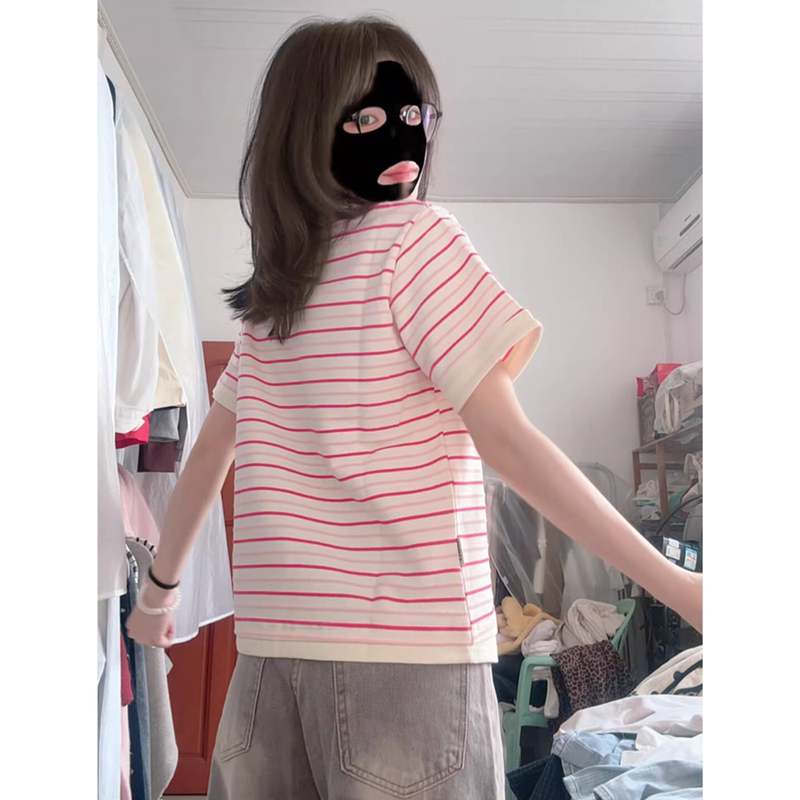 Korean-Style Preppy Sweet Striped Polo Short-Sleeve T-Shirt for Women, Summer Design, Niche Pink, Very Pretty Top Korean-Style Preppy Sweet Striped Polo Short-Sleeve T-Shirt for Women, Summer Design, Niche Pink, Very Pretty Top
