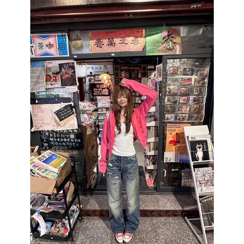 American Palace-Style Rose Red Short Washed Vintage Hooded Sweatshirt for Women, Spring and Autumn Niche Design Zipper Jacket
