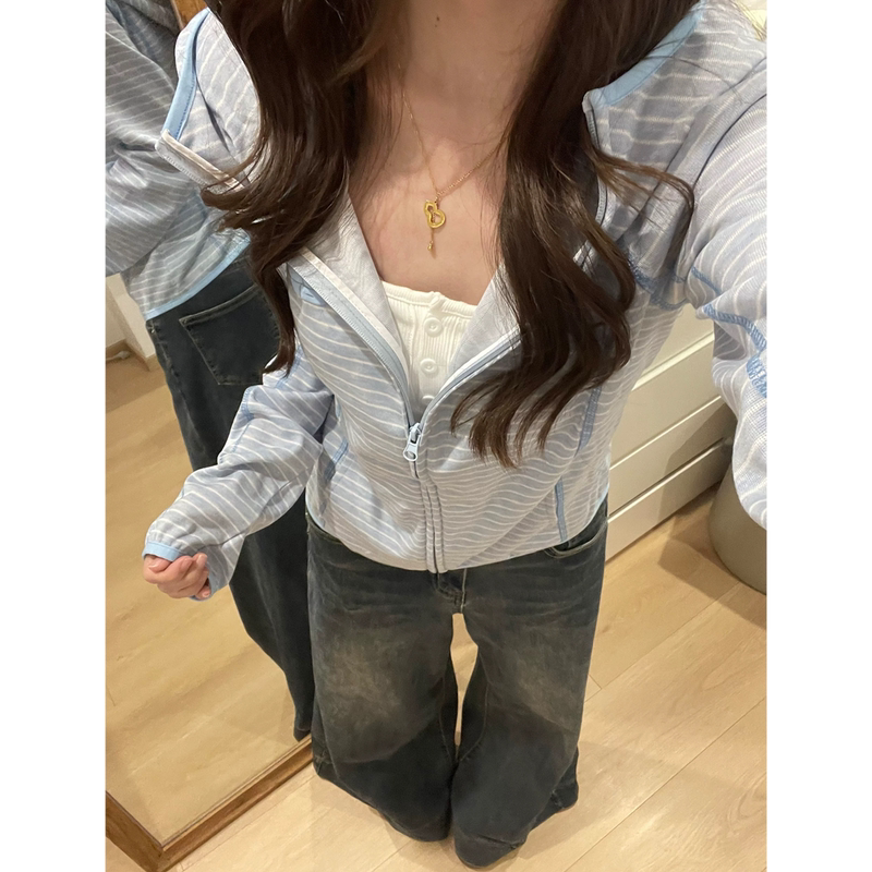 American Retro Lazy Style Blue Striped Hooded Sweatshirt for Women, Spring and Autumn Season, Waist-Cinching Design, Sporty Cardigan Jacket