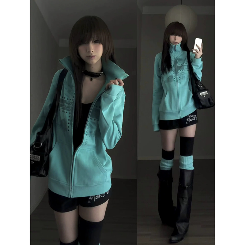 Vintage Cool Style Y2K Studded Stand-Collar Sweatshirt Jacket for Women, Spring and Autumn Light Asian Style Mint Green Slimming Zipper Top