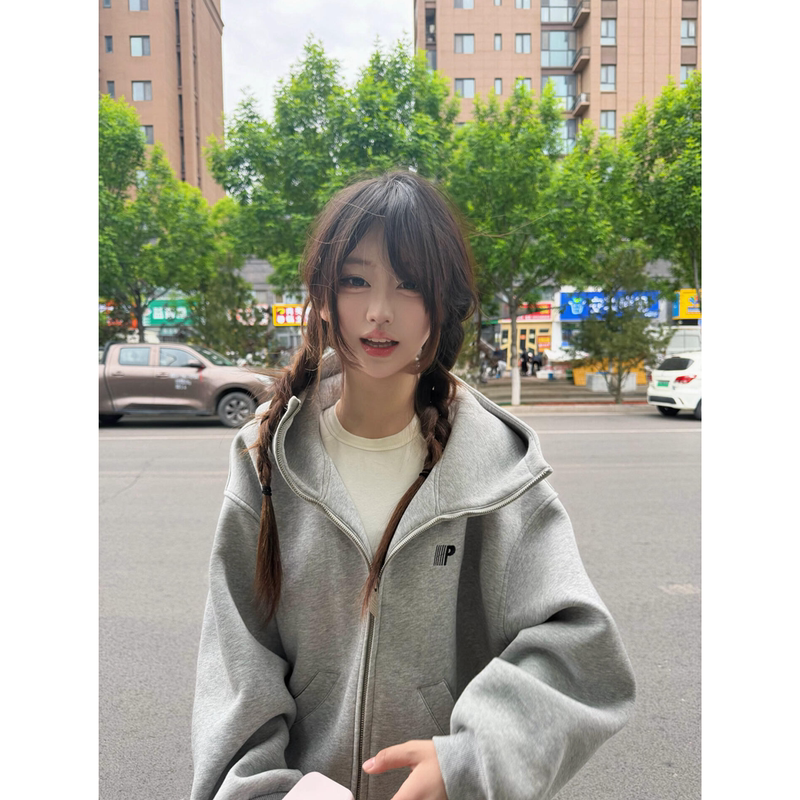 American Retro Embroidered Air-Layer Hooded Sweatshirt for Women, Spring and Autumn, Loose Fit, Niche Style, Couple's Heavy Gray Cardigan Jacket