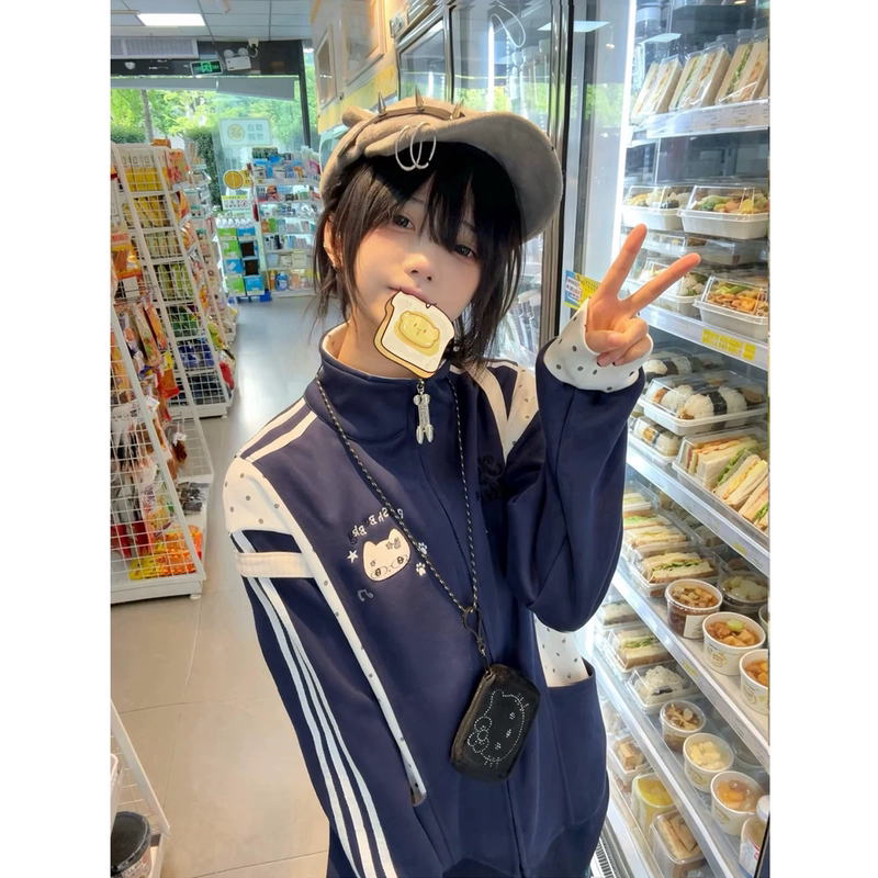 Cute Japanese-Style Musical Note Cat Embroidery Stand-Up Collar Sweatshirt for Women, Autumn and Winter Sports Niche Japanese Jacket with Zipper