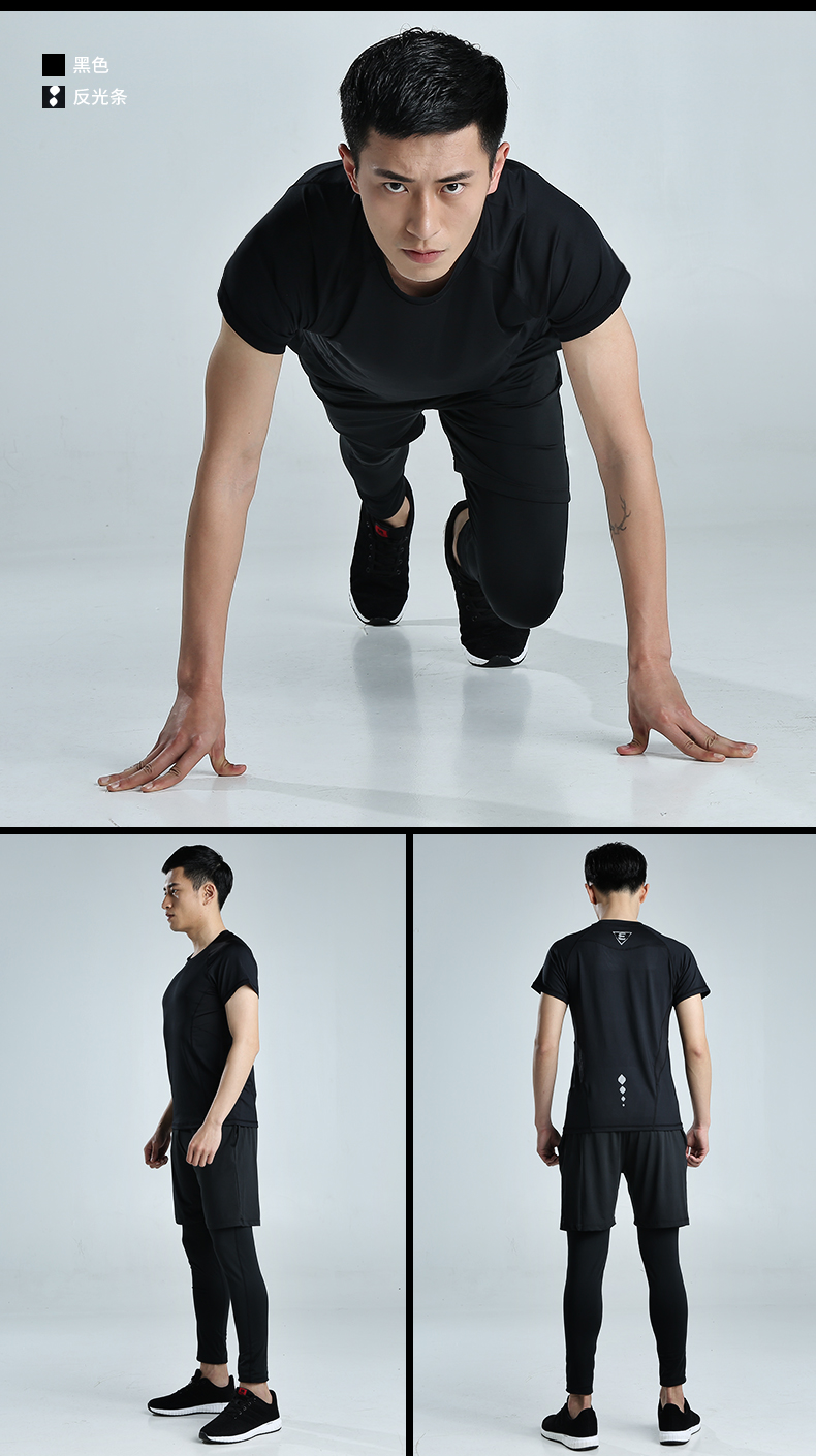Lu Yifan quần áo tập thể dục nam khô nhanh chạy thể thao phù hợp với phòng tập thể dục mùa xuân và mùa hè ngắn tay tập thể dục đào tạo quần áo nam bộ quần áo tập yoga