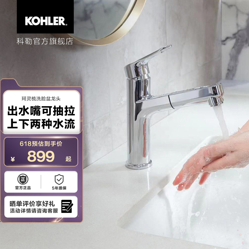 Kohler Single-Handle Pull-Out Faucet for Washbasin, Hot and Cold Water, Model 33069t