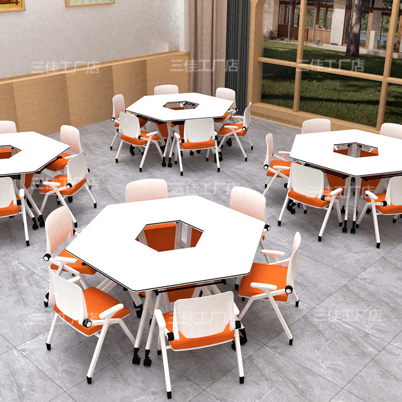 Folding university student training table hexagonal splicing class table and chairs coaching class movable group activity combined table-Taobao