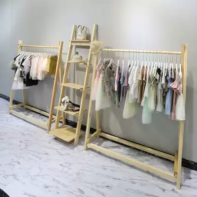 Retro children's clothing women's clothing store shelf display rack Solid wood clothing store display rack Nakajima rack floor-to-ceiling white hanger