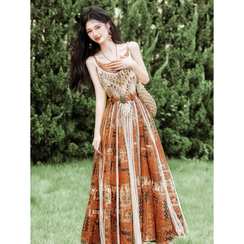Ethnic Style Bohemian Dress Suit for Women, New Summer Style, Seaside Vacation Atmosphere, Suspender Long Skirt Ethnic Style Bohemian Dress Suit for Women, New Summer Style, Seaside Vacation Atmosphere, Suspender Long Skirt