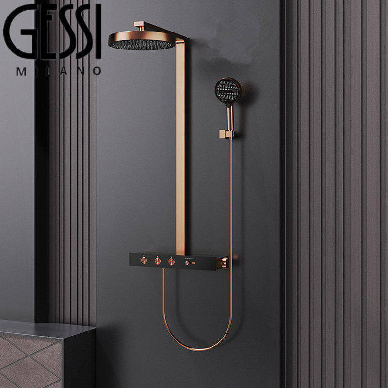 Italian Gessi Exposed Thermostatic Shower with Full Copper Large Top Spray, Adjustable Water Flow, Rose Gold Button Shower