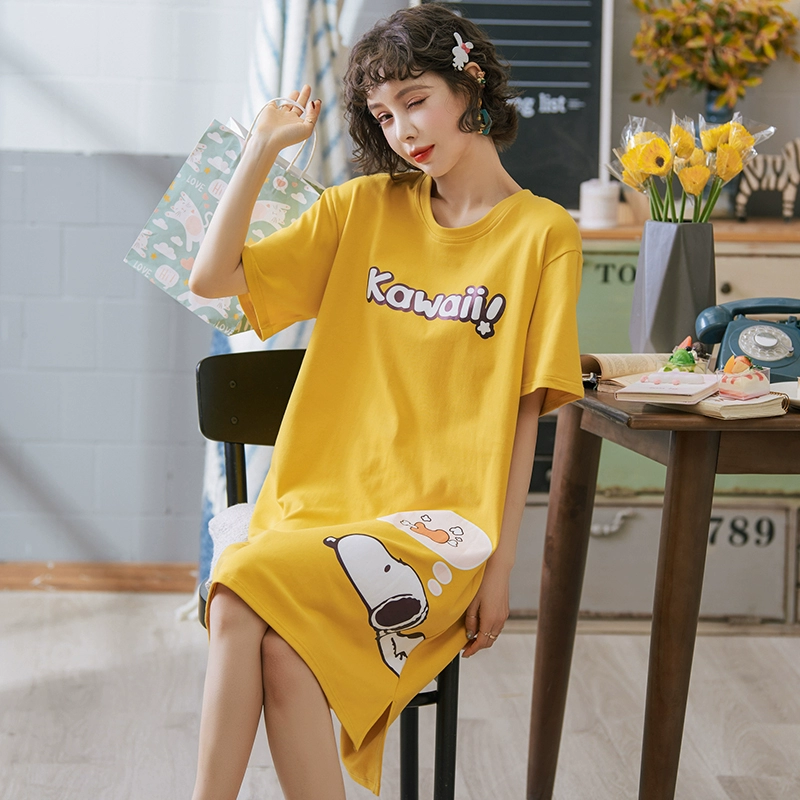 Bộ đồ ngủ bằng cotton tinh khiết của phụ nữ mùa hè mỏng ngắn tay sinh viên phục vụ ở nhà mùa xuân và mùa thu bộ đồ ngủ bằng cotton ngọt ngào và dễ thương cho phụ nữ mang thai mùa hè - Đêm đầm