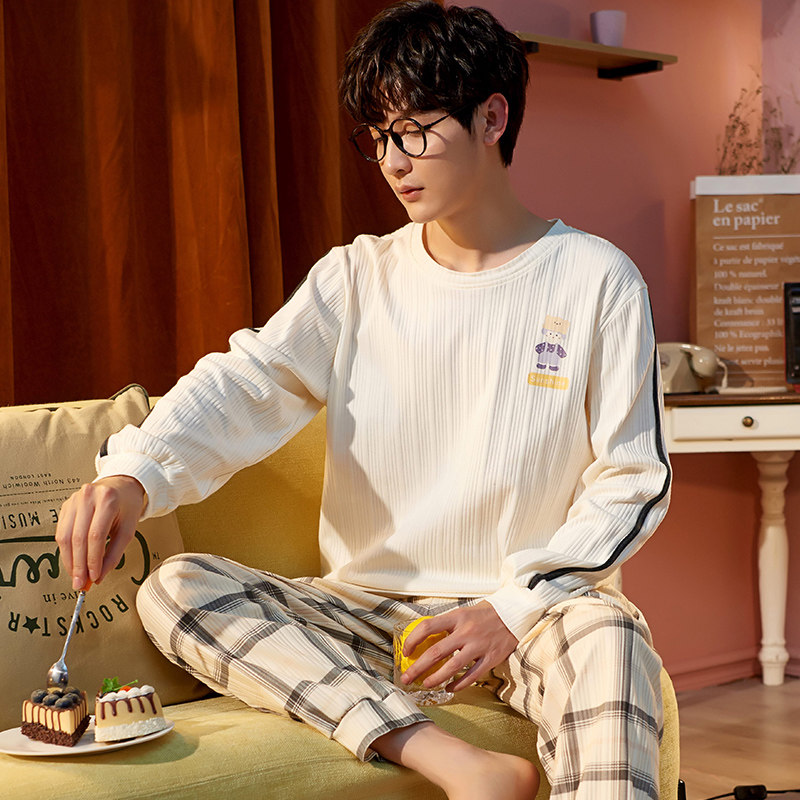 Pajamas men's spring and autumn cotton long sleeve set size teen men's cotton casual can wear outside the homewear summer