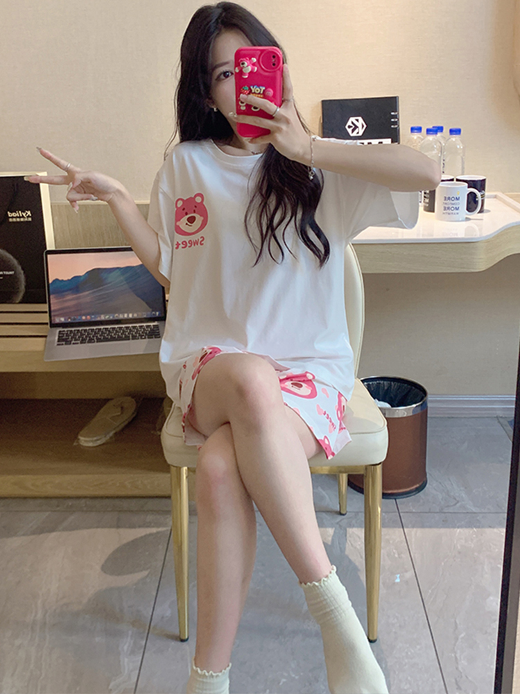 <!--睡衣女款夏天纯棉可爱卡通甜美套装夏季短袖短裤女士家居服春秋款-->