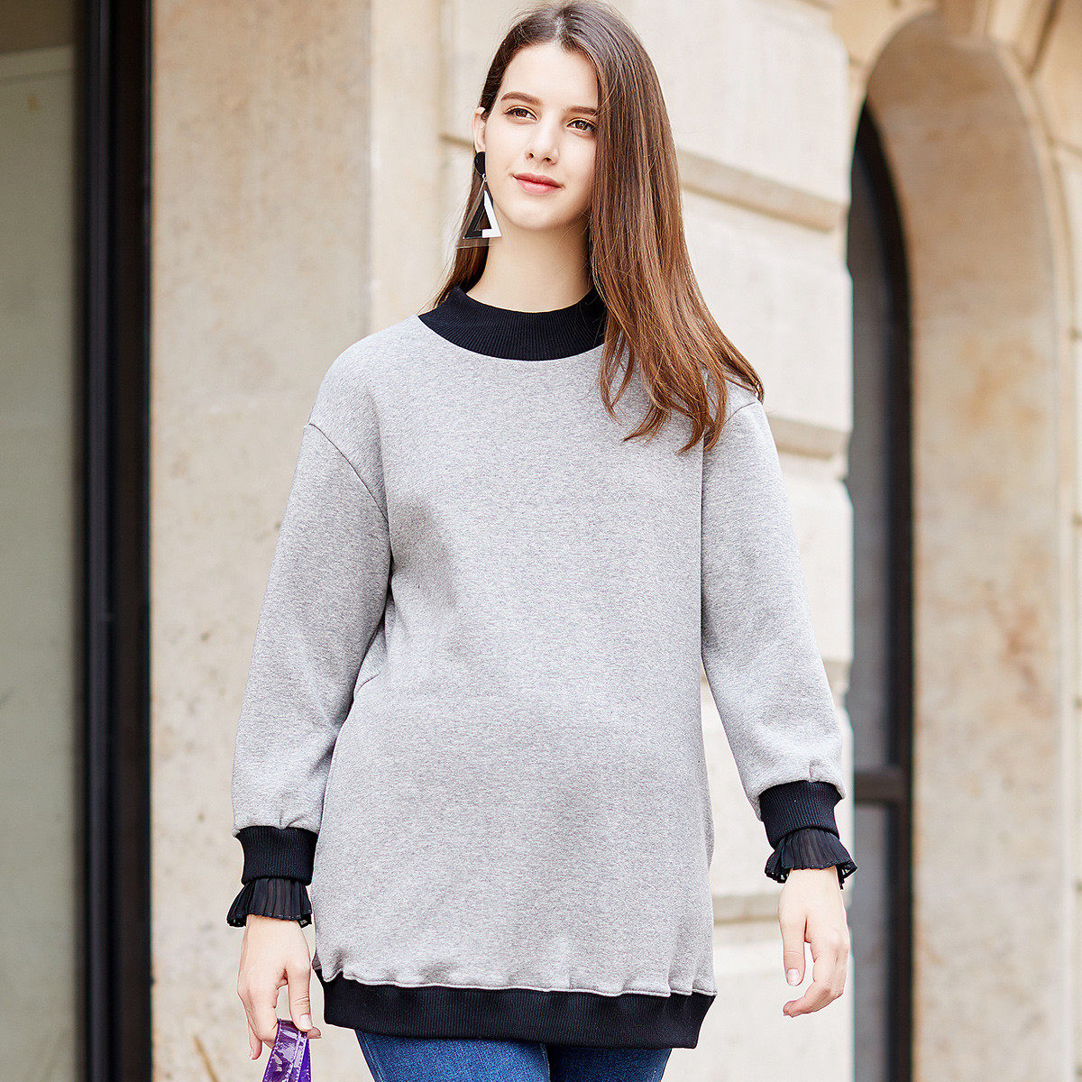 Pregnancy Color Pregnancy Woman Dress Plus Suede Pregnant Woman Blouse Fashion Agaric Side Cuff Thickened Round Collar Sleeve Head Long Sleeve Casual Blouse