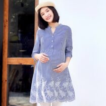 Pregnancy Color Flag Down Mommy Pregnancy Woman Dress Spring New Downswing Embroidery Front Open Buttoned Striped Shirt Pregnant Woman Dress Dress