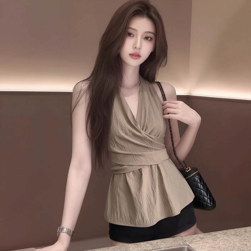 French-Style Spicy Girl V-Neck Halter Neck Sleeveless Tank Top for Women, Summer Waist-Cinching Tie-Up Backless Slimming Elegant Shirt Top ins