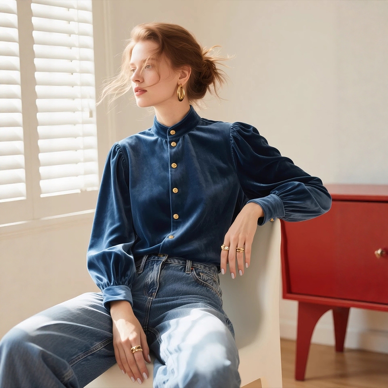 High-End Light Luxury Blue Stand-Up Collar Velvet Shirt for Women, Autumn and Winter Design, Retro Style, Slimming Lantern Sleeve Top