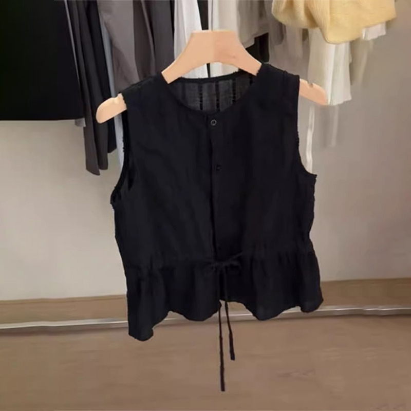 High-End Black Linen Sleeveless Vest Shirt for Women, Summer Waist-Cinching Tie-Up Waistcoat, Slimming Cotton-Linen Shirt Top High-End Black Linen Sleeveless Vest Shirt for Women, Summer Waist-Cinching Tie-Up Waistcoat, Slimming Cotton-Linen Shirt Top