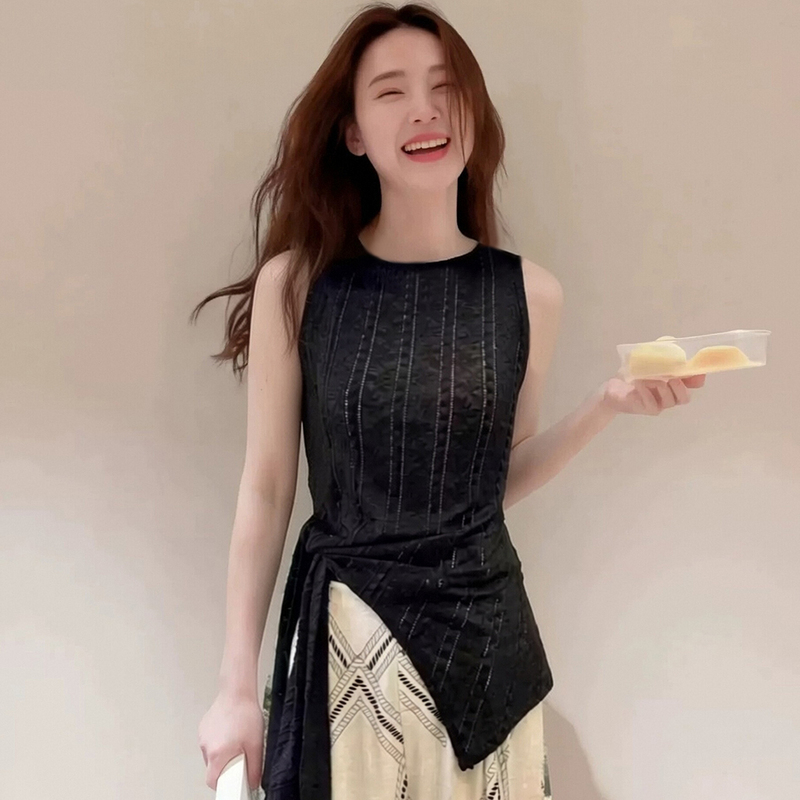 Black Striped Round Neck Sleeveless Vest for Women, Summer Design with Irregular Waist, Side Ties, Slimming and Elegant Top Black Striped Round Neck Sleeveless Vest for Women, Summer Design with Irregular Waist, Side Ties, Slimming and Elegant Top