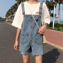 Denim straps shorts female summer students Korean loose wide legs slim Joker age reduction size fat mm jumpsuit