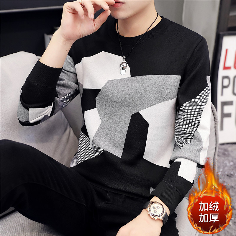 新款2019男士长袖毛衣男休闲秋冬季加绒加厚保暖针织衫中青年圆领