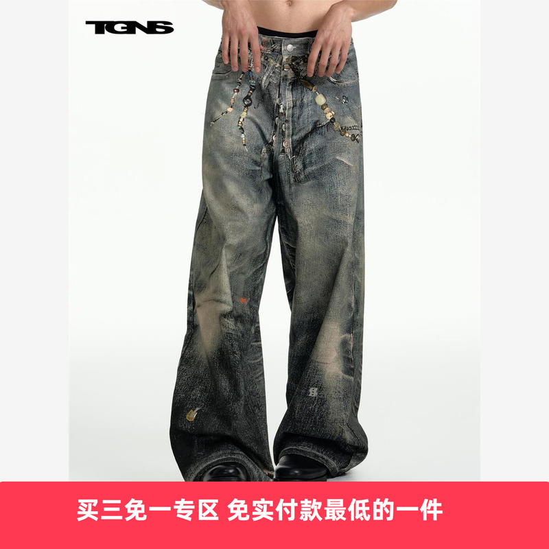Tgns3D Printed Beaded Printed Jeans for Boys in Autum American Retro Loose Pants for Women Design Pants