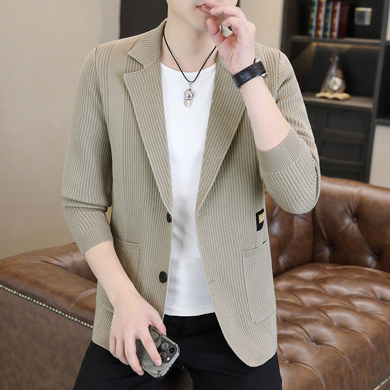 Lapel Knitted Cardigan Jacket for Men, Spring and Autumn Trendy Brand, Solid Color, Fashionable, High-End Suit Sweater, Suit Jacket